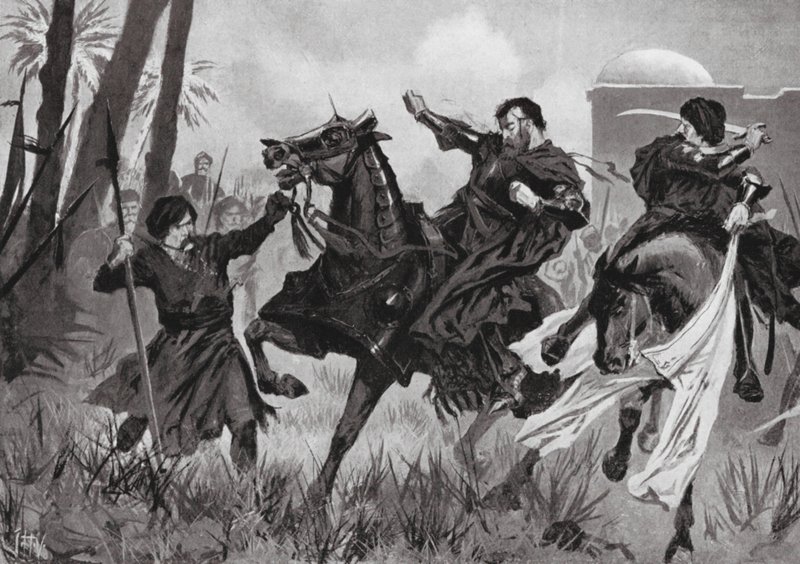 Derrota y muerte de Sebastián I en la batalla de Alcázar (litografía) de John Harris Valda