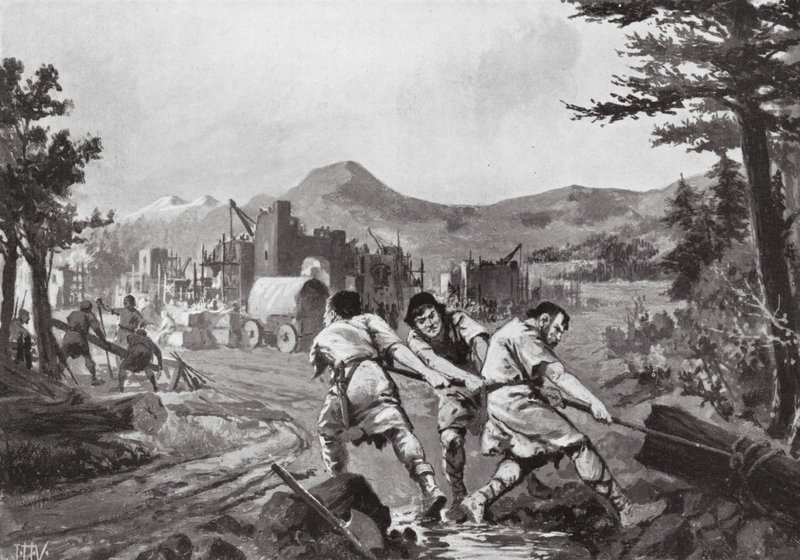 Hombres de las colinas de Valaquia fundando una ciudad, siglo IX (litografía) de John Harris Valda