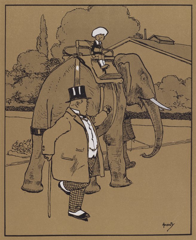 "Llamó al elefante bestia muda, o algo así" (litografía en color) de John Hassall
