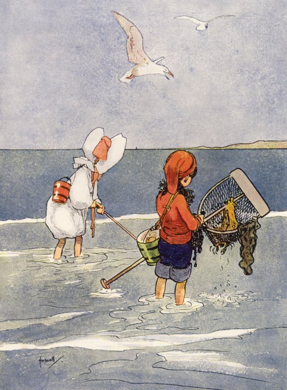 "La pesca de camarones es muy divertida" (litografía en color) de John Hassall