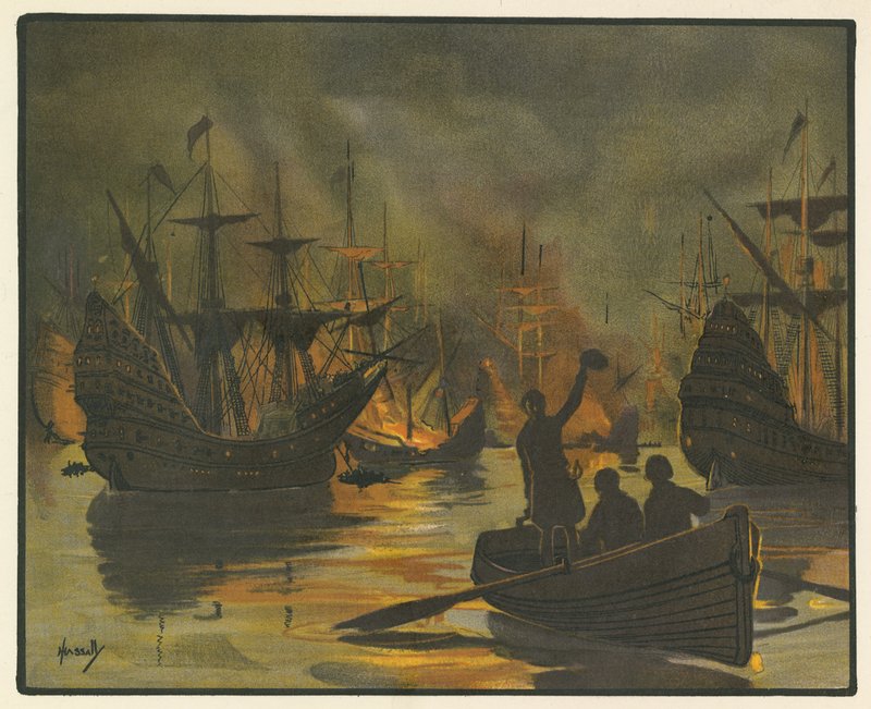 La Armada invencible atacada por barcos de fuego (litografía en color) de John Hassall