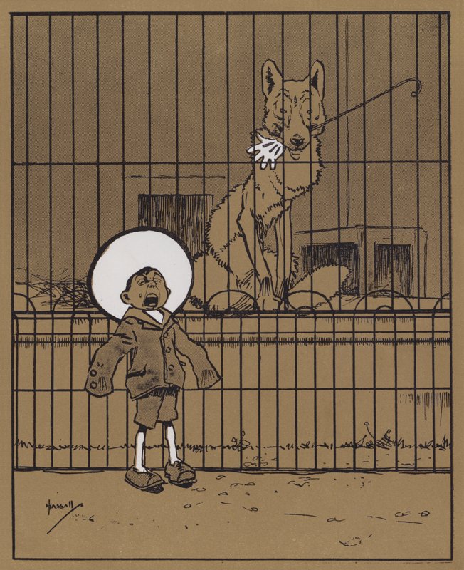 "Se aconseja a los visitantes que introduzcan sus manos por las barandillas que se aseguren de recuperarlas" (litografía en color) de John Hassall