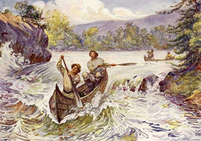 Canadienses navegando rápidos en canoas de John Henry Frederick (after) Bacon