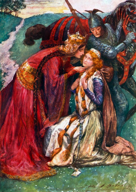 La reina Ginebra da la bienvenida a Enid (litografía en color) de John Henry Frederick (after) Bacon