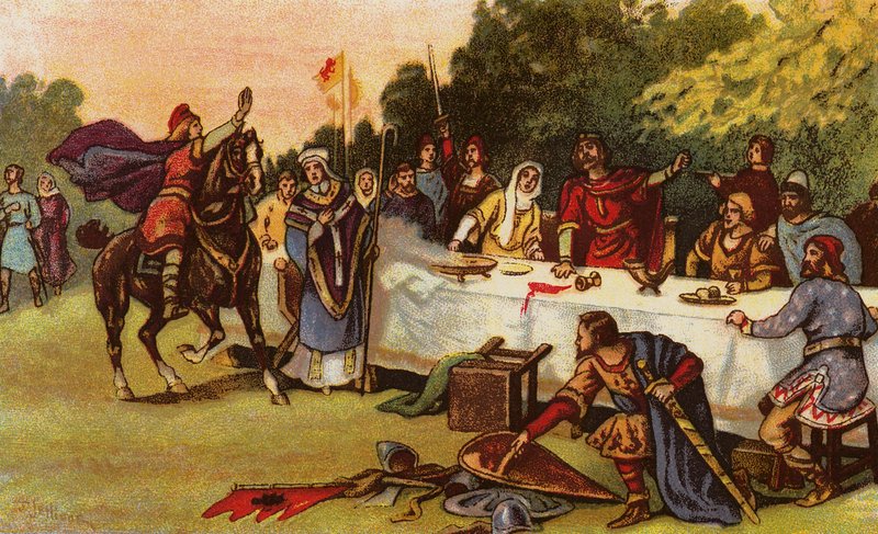Harold se entera del desembarco de Guillermo el Conquistador en Hastings mientras celebra la victoria de Stamford Bridge. de John Jellicoe