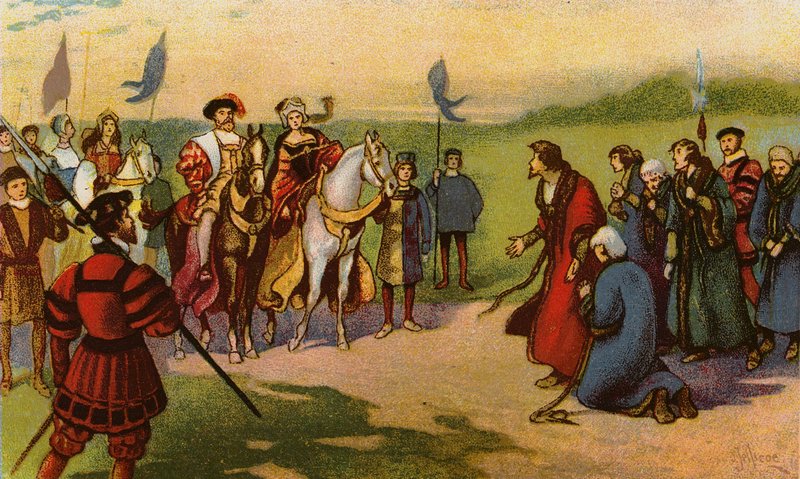 El rey Enrique VIII y Catalina Howard llegan a York después de la Peregrinación de Gracia 1541 (chromolitho) de John Jellicoe