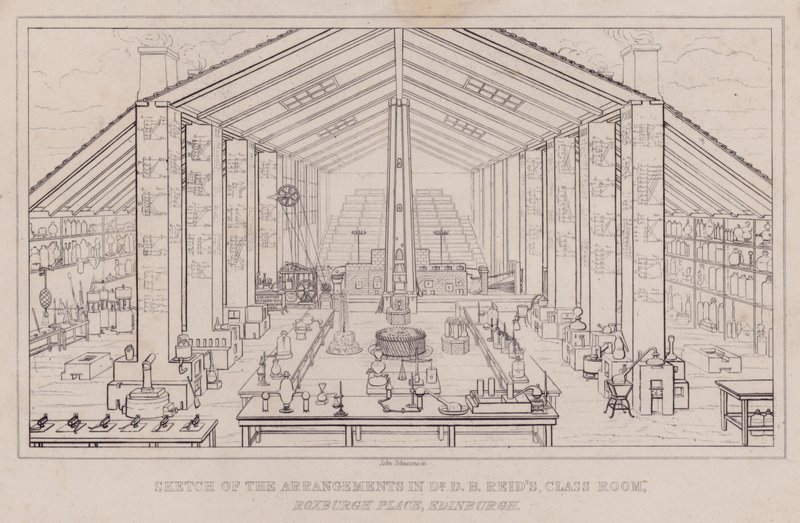 Boceto de los arreglos en el aula del Dr. D B Reid, Roxburgh Place, Edimburgo (grabado) de John Johnstone