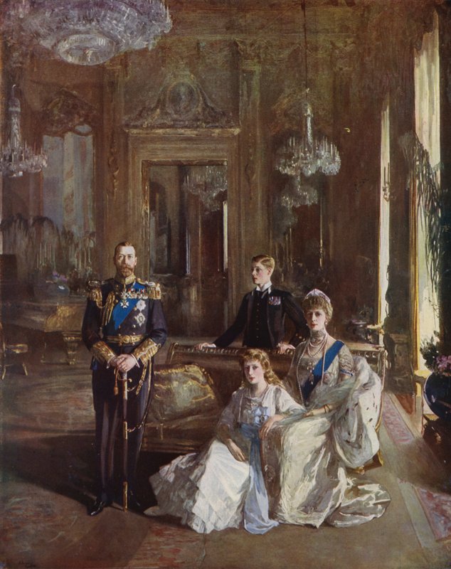 Rey Jorge V, Reina María, el Príncipe de Gales y la Princesa María en el Salón Blanco, Palacio de Buckingham, Londres, 1913 de John Lavery