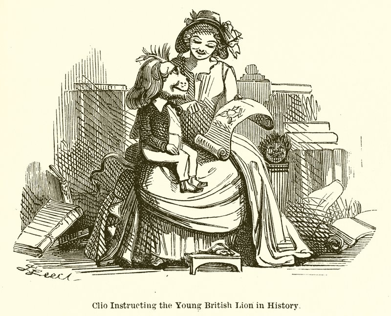 Clio instruyendo al joven león británico en la historia de John Leech