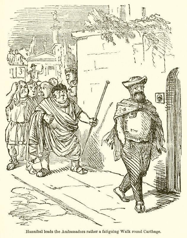 Aníbal lleva a los embajadores a un paseo bastante fatigante por Cartago de John Leech