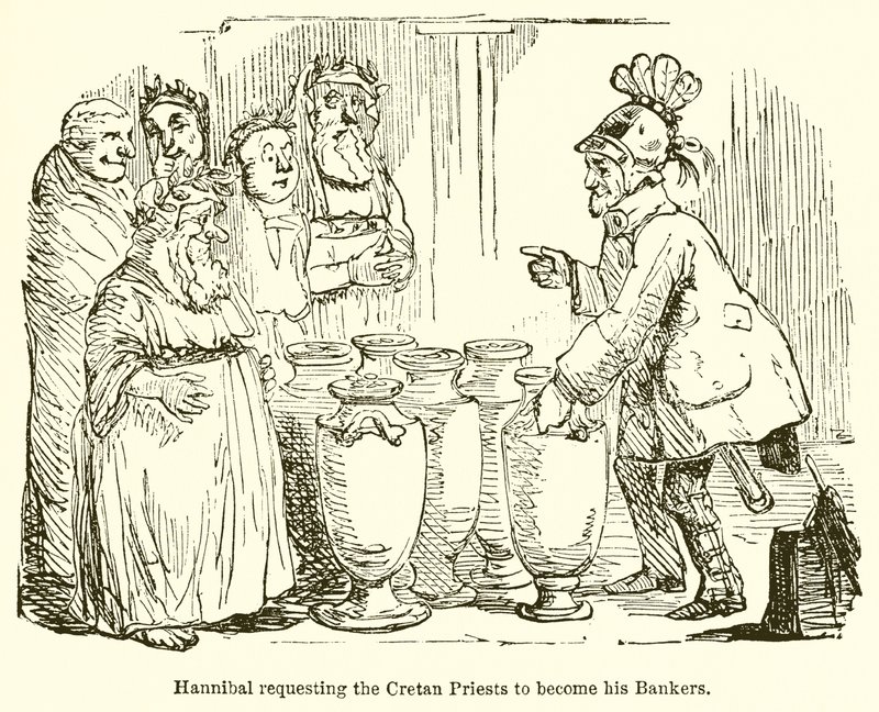 Aníbal solicitando a los sacerdotes cretenses que se conviertan en sus banqueros de John Leech