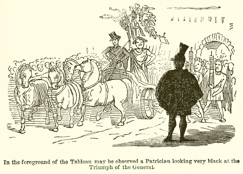 En el primer plano del cuadro se puede observar a un patricio muy enfadado por el triunfo del general de John Leech