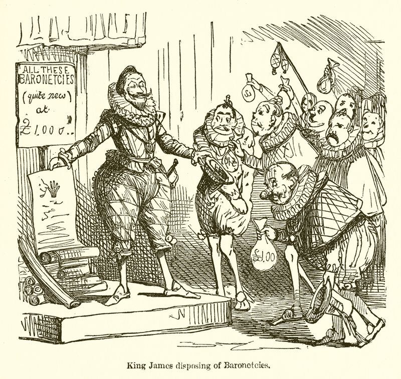 El rey Jaime disponiendo de baronías de John Leech