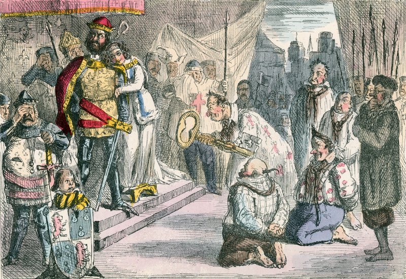 La reina Felipa intercediendo con Eduardo III por los Seis Burgueses de Calais de John Leech