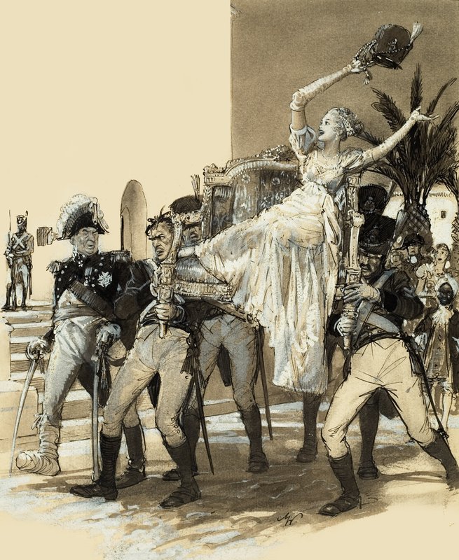 Niña transportada por soldados (gouache sobre papel) de John Millar Watt