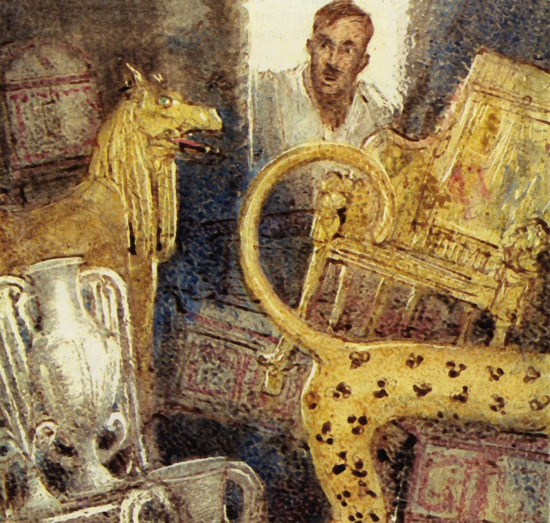 Howard Carter descubre la cámara funeraria perdida de Tutankamón (litografía en color) de John Millar Watt