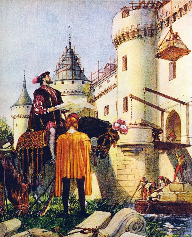El rey Francisco I de Francia, supervisando la construcción de castillos (litografía en color) de John Millar Watt