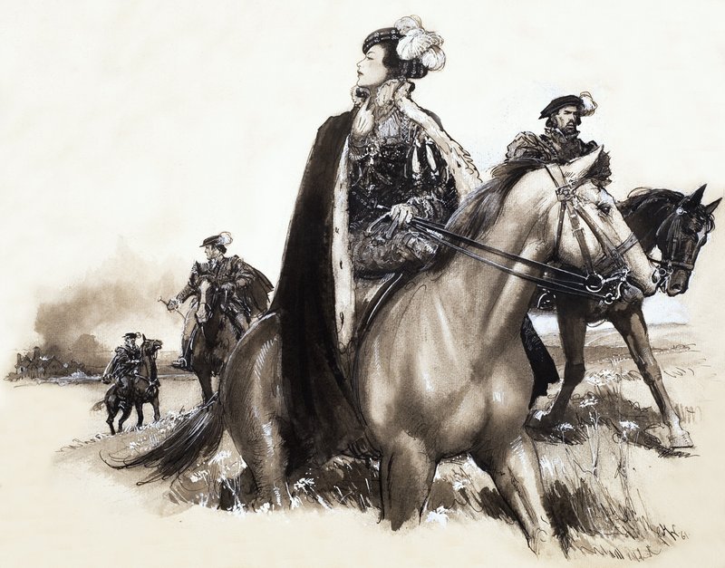 Una reina no identificada sale escoltada de una ciudad humeante de John Millar Watt
