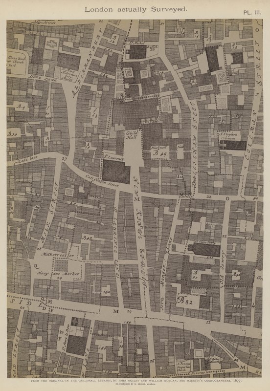 Mapa de parte de la Ciudad de Londres, mostrando la ubicación de Guildhall de John Ogilby