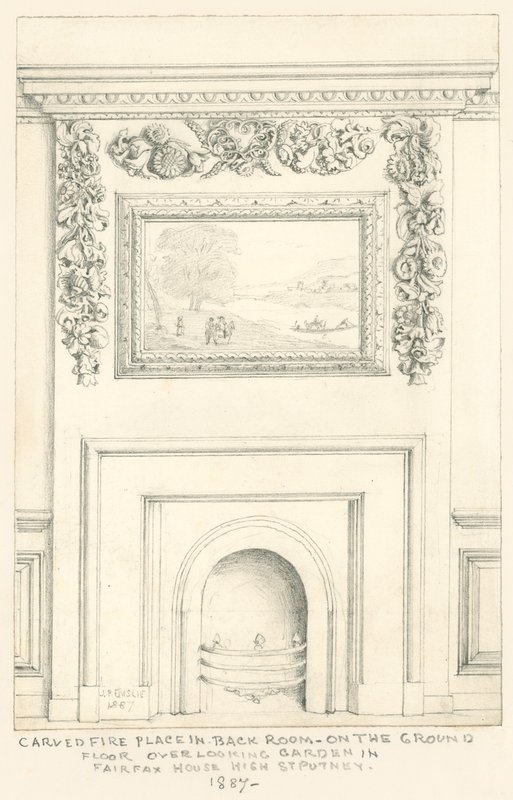 Chimenea tallada en la sala trasera en la planta baja con vista al jardín, Fairfax House, High Street, Putney, 1887 de John Phillipp Emslie