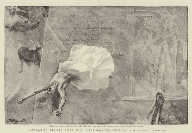 Ilustrando la nueva historia de H. Rider Haggard, titulada La hija de Moctezuma de John Reinhard Weguelin