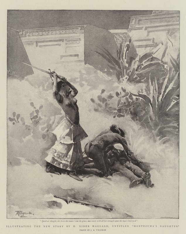 Ilustrando la nueva historia de H Rider Haggard, titulada La hija de Moctezuma de John Reinhard Weguelin