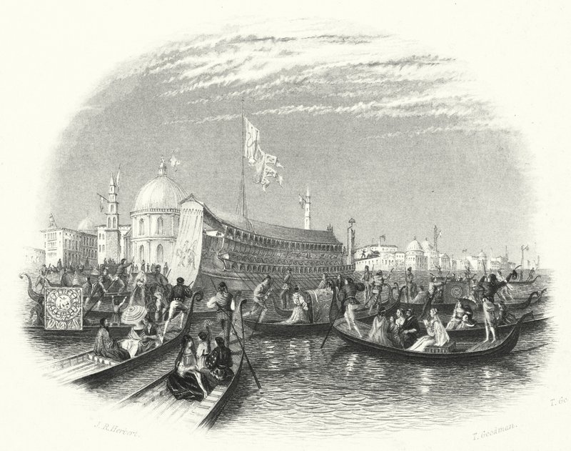 El matrimonio del mar. La barca del Dogo y góndolas en el agua en Venecia (grabado) de John Rogers (after) Herbert
