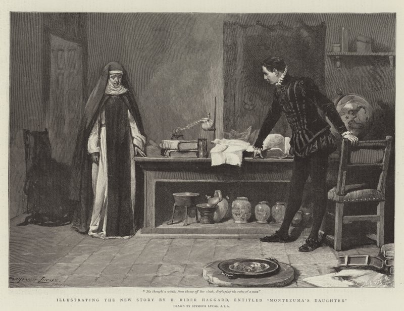 Ilustrando la nueva Historia de H Rider Haggard, titulada La Hija de Moctezuma de John Seymour Lucas