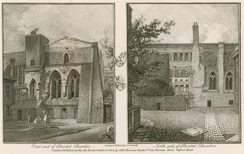 Extremo este (izquierda) y lado norte (derecha) de la Cámara Pintada, Palacio de Westminster de John Thomas Smith
