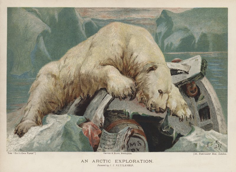Una exploración ártica: un oso polar investigando objetos de una expedición ártica de John Trivett Nettleship