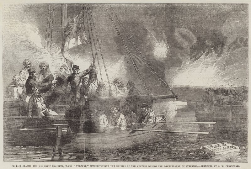 Capitán Glasse y su ingeniero jefe, HMS Vulture, supervisando las reparaciones de los morteros durante el bombardeo de Sveaborg de John Wilson Carmichael