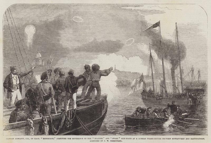 Capitán Hewlett, CB, del HMS Edinburgh, dirigiendo los movimientos de los cañoneros Snapper y Stork a un trespuentes ruso entre Gustafsvern y Bartholomew de John Wilson Carmichael