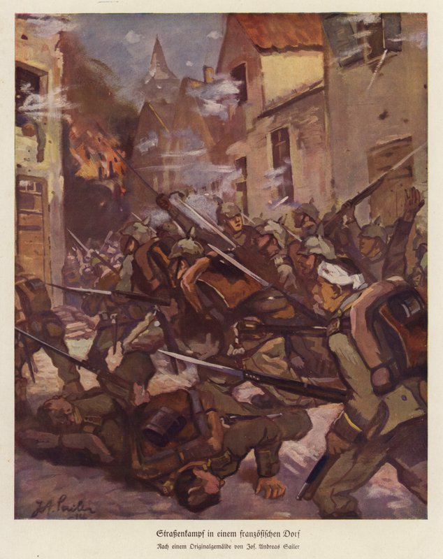 Batalla callejera en un pueblo francés, Primera Guerra Mundial (litografía en color) de Josef Andreas Sailer