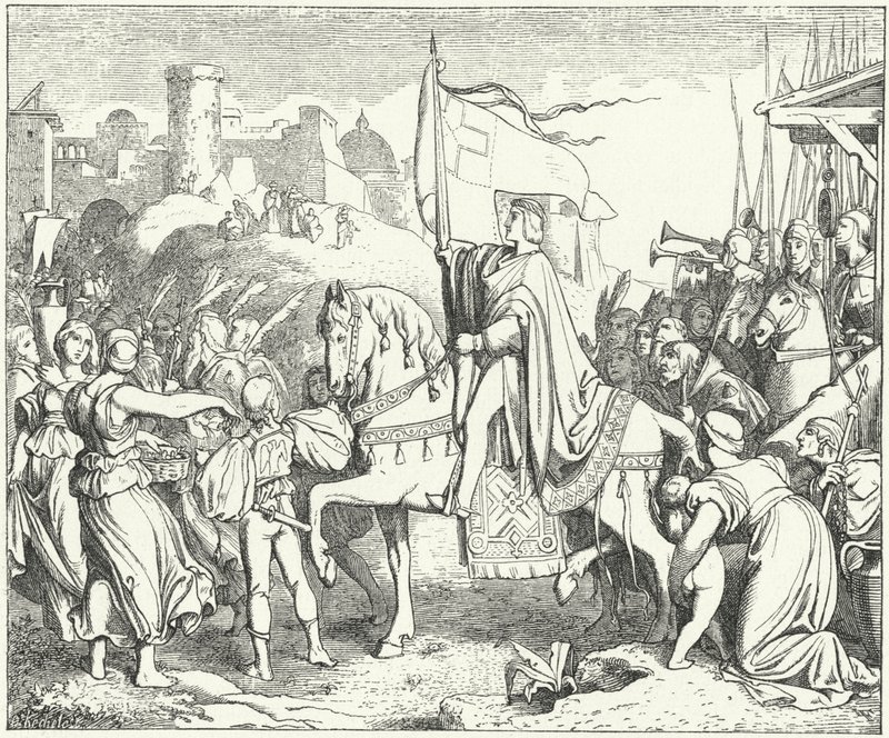 El emperador del Sacro Imperio Romano Germánico Federico II entrando en Jerusalén, Sexta Cruzada de Josef Mathias (after) Trenkwald