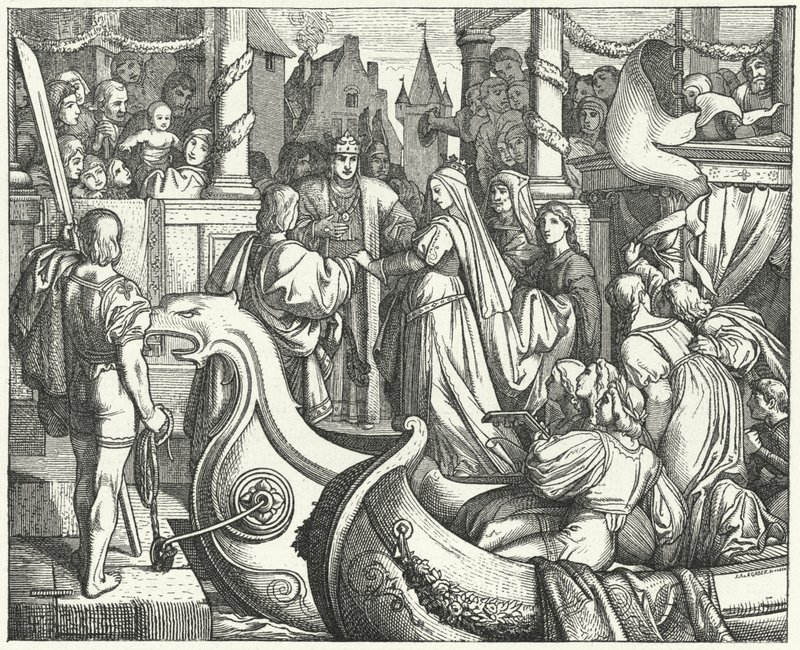 El emperador del Sacro Imperio Romano Federico II dando la bienvenida a su novia, Isabel de Inglaterra de Josef Mathias (after) Trenkwald