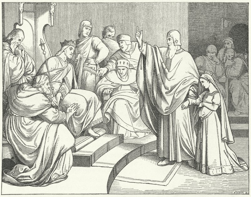 Beatriz de Hohenstaufen pidiendo al rey Otto IV de Alemania que vengue el asesinato de su padre, Felipe de Suabia de Josef Mathias Trenkwald