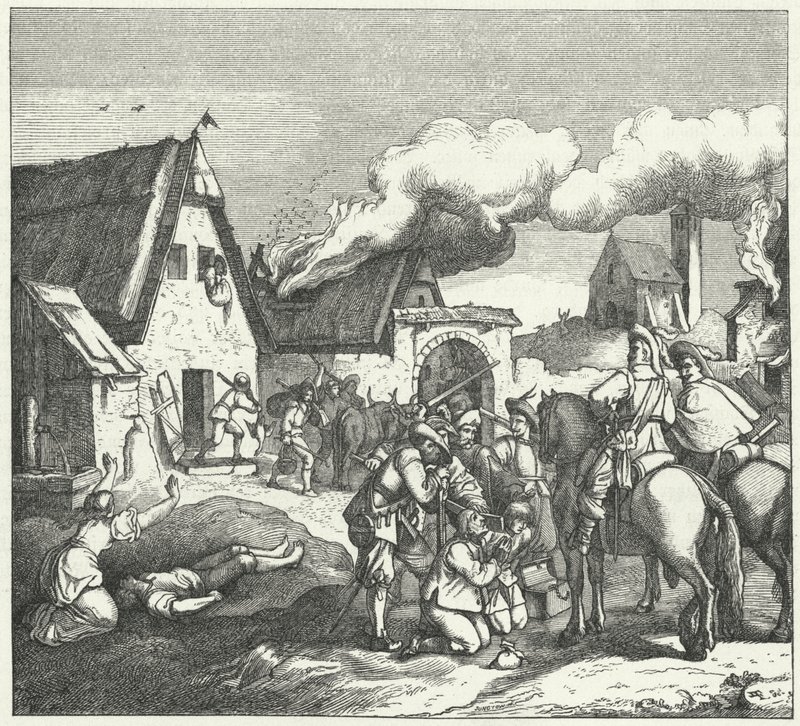 Tropas imperiales saqueando y pillando después de la Batalla de Nordlingen, 1634 de Josef Mathias Trenkwald