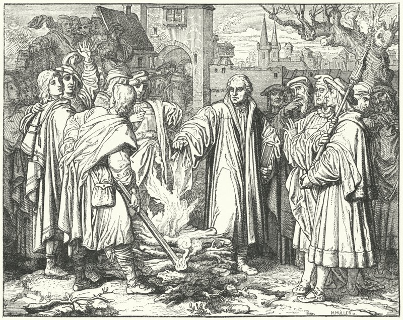 Martín Lutero quemando la bula papal en Wittenberg, 1520 de Josef Mathias Trenkwald