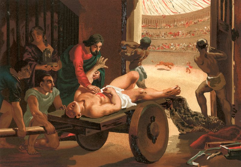 Galeno asistiendo a un gladiador herido en el circo de Bérgamo de Josep or Jose Planella Coromina