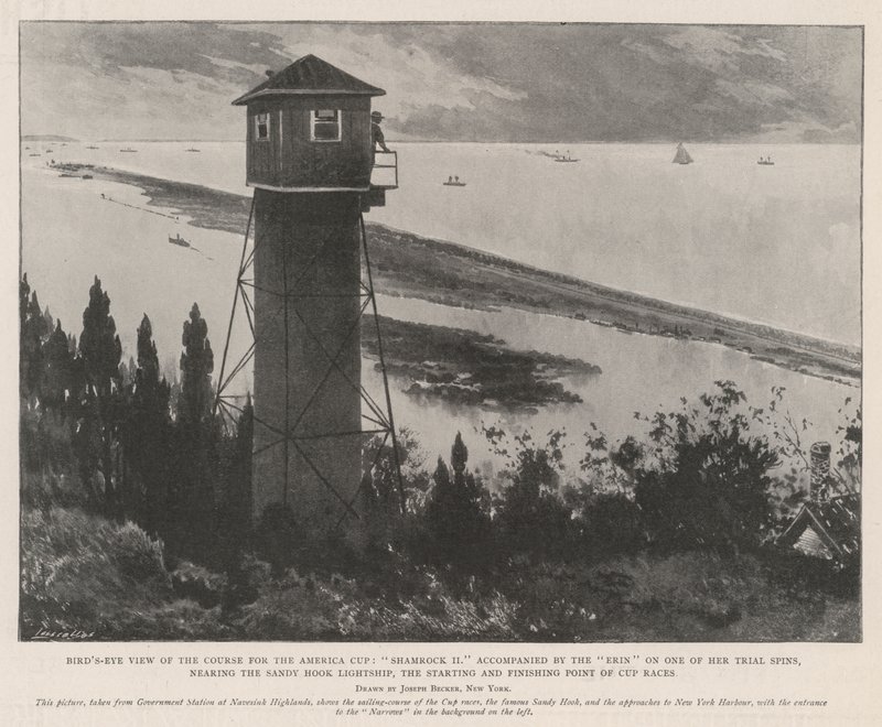 Vista aérea del curso para la Copa América, Shamrock II acompañado por el Erin en una de sus pruebas, cerca del barco faro Sandy Hook, punto de inicio y final de las carreras de la Copa de Joseph Becker