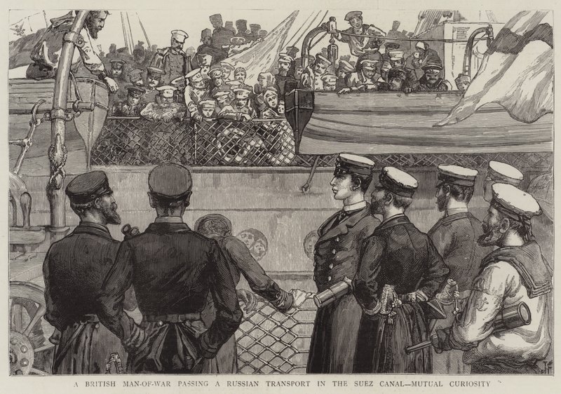 Un barco de guerra británico pasando un transporte ruso en el Canal de Suez, Curiosidad mutua de Joseph Finnemore