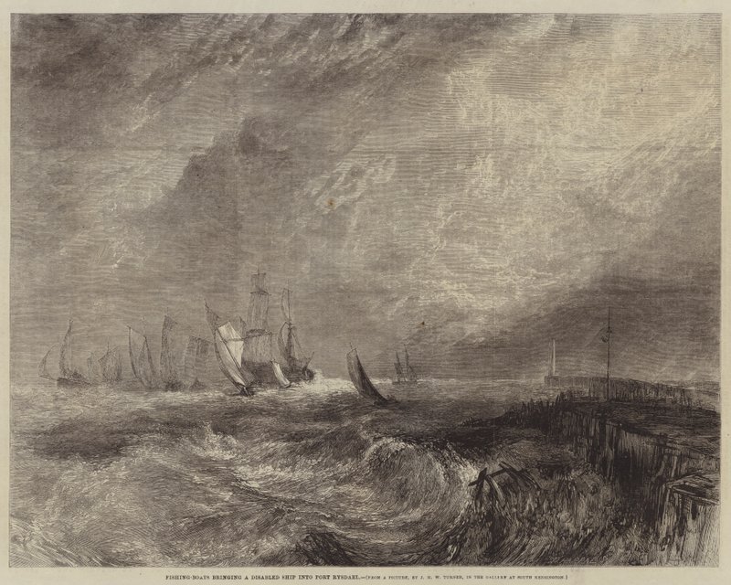 Barcos de pesca trayendo un barco averiado al puerto de Rysdael de Joseph Mallord William Turner