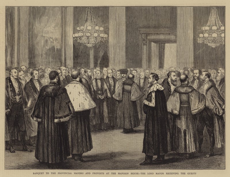 Banquete a los alcaldes provinciales y prebostes en la Mansion House, el alcalde recibiendo a los invitados de Joseph Nash
