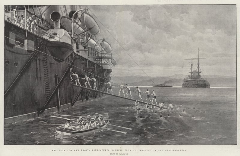 Lejos de la Niebla y la Escarcha, Marineros bañándose desde un Acorazado en el Mediterráneo de Joseph Nash