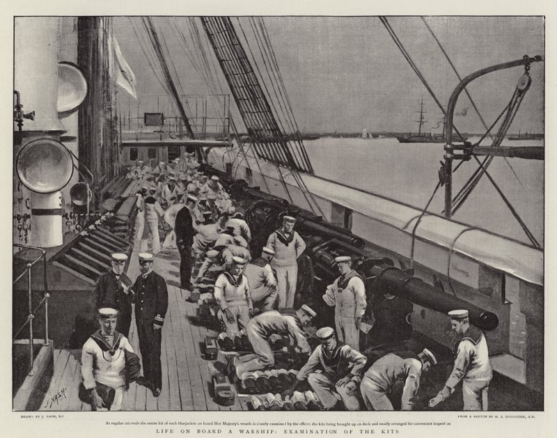 Vida a bordo de un buque de guerra, examen de los kits de Joseph Nash