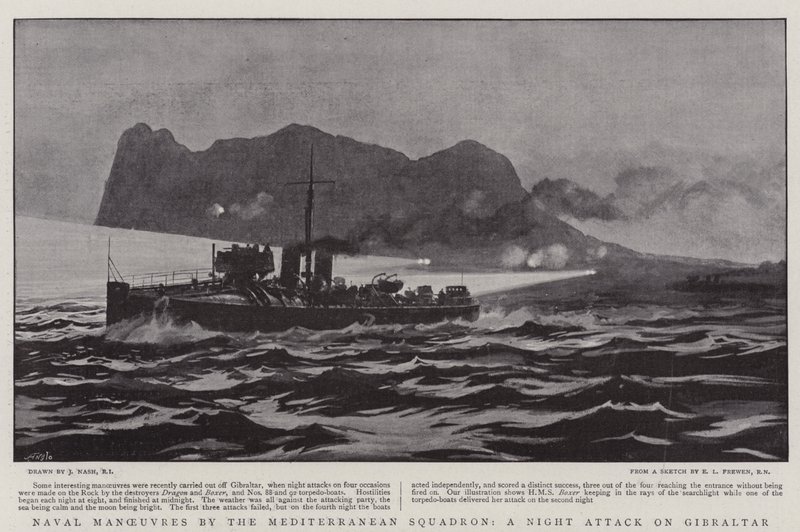 Maniobras navales por el escuadrón del Mediterráneo, un ataque nocturno a Gibraltar de Joseph Nash