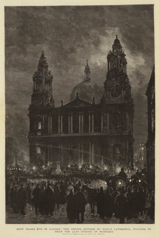 Nochevieja en Londres, la multitud fuera de la Catedral de San Pablo esperando escuchar el último golpe de la medianoche de Joseph Nash
