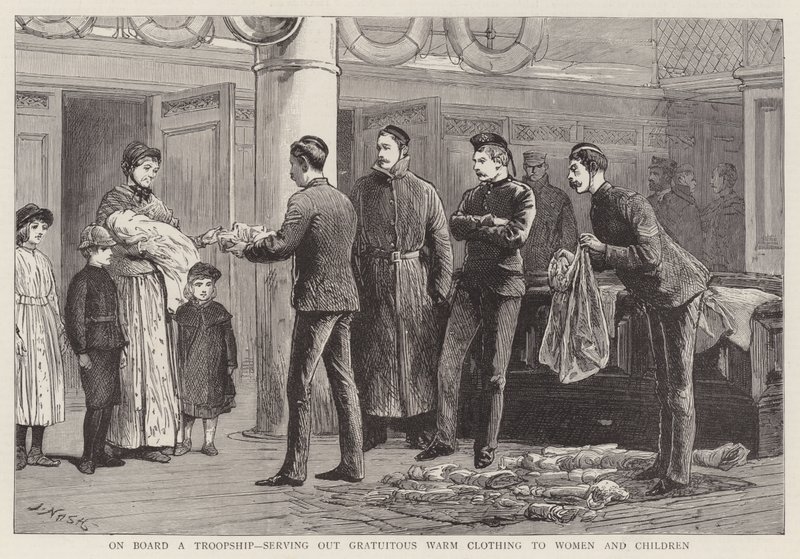 A Bordo de un Buque de Tropas, Repartiendo ropa cálida gratuita a Mujeres y Niños de Joseph Nash
