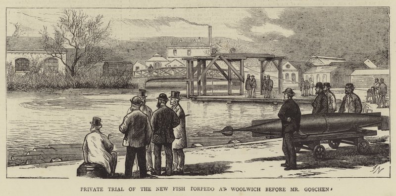 Prueba privada del nuevo torpedo de pescado en Woolwich ante el Sr. Goschen de Joseph Nash