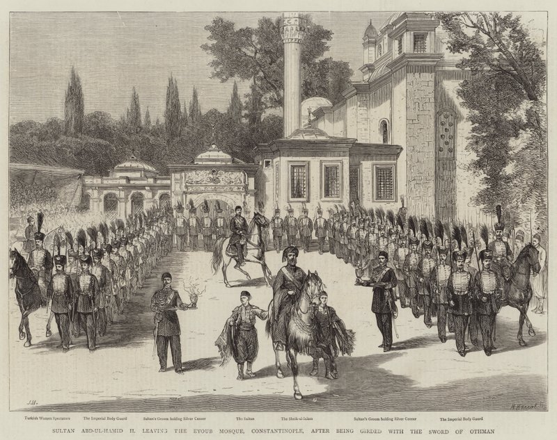 El sultán Abd-ul-Hamid II saliendo de la Mezquita Eyoub, Constantinopla, después de ser ceñido con la Espada de Othman de Joseph Nash
